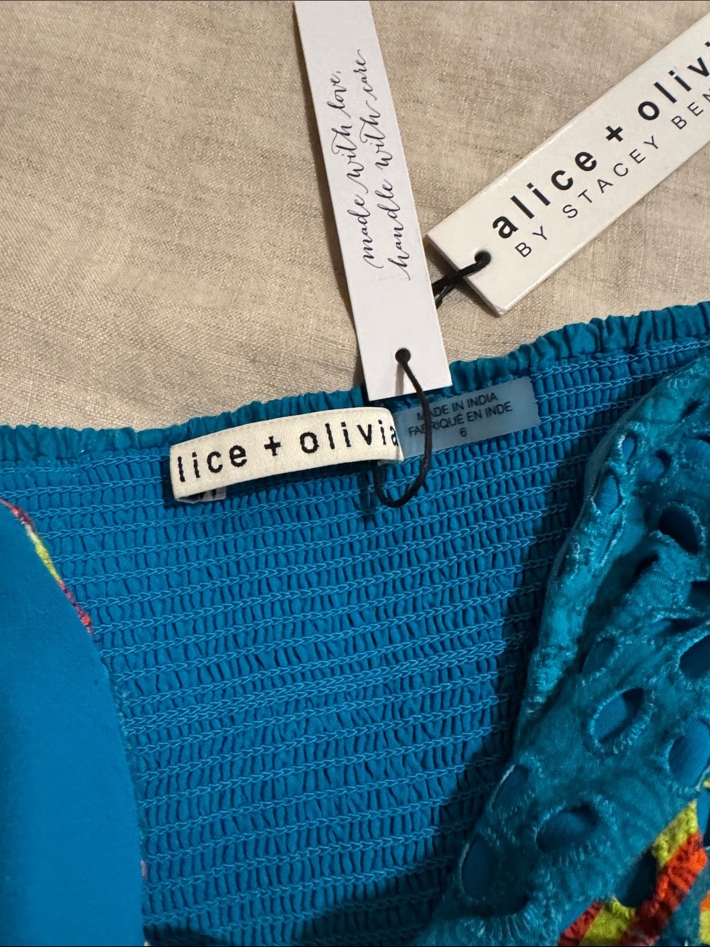 Alice + Olivia Teal Bandeau Top with Red and Lime Eyelet Panels - Picture 2 of 6